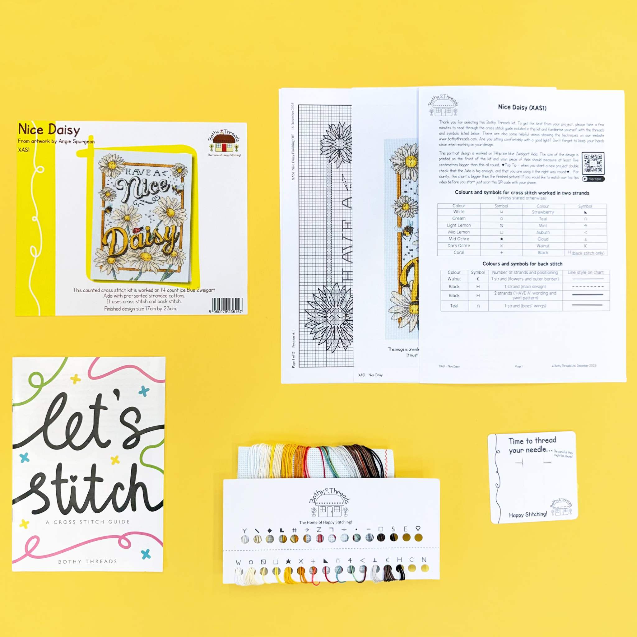 Nice Daisy Cross Stitch Kit with ice blue Aida fabric, cotton threads, needle, and instructions