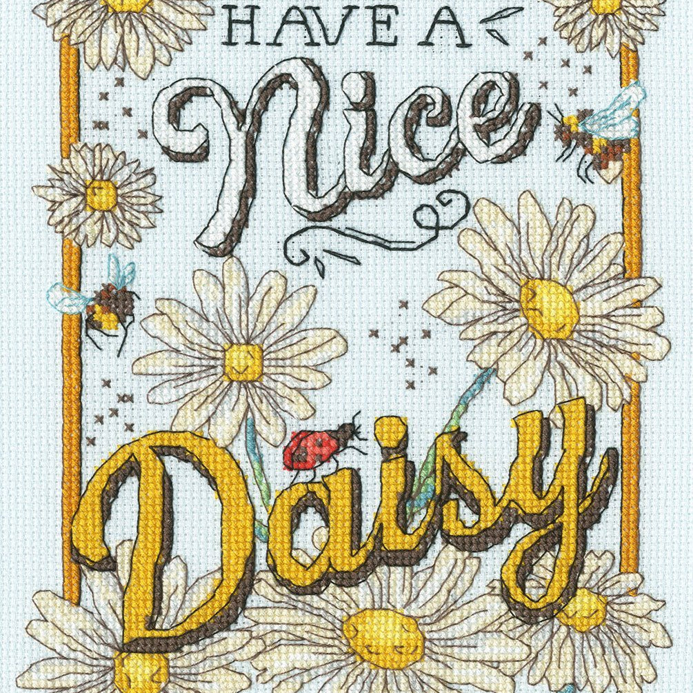 Nice Daisy Cross Stitch Kit with 14 count ice blue Aida and cotton threads