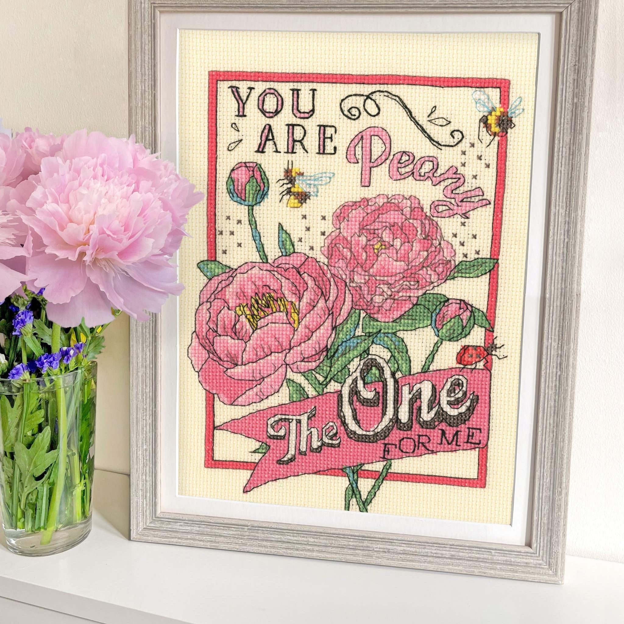 Peony The One Cross Stitch Kit with 14 count cream Aida fabric and pre-sorted cotton threads