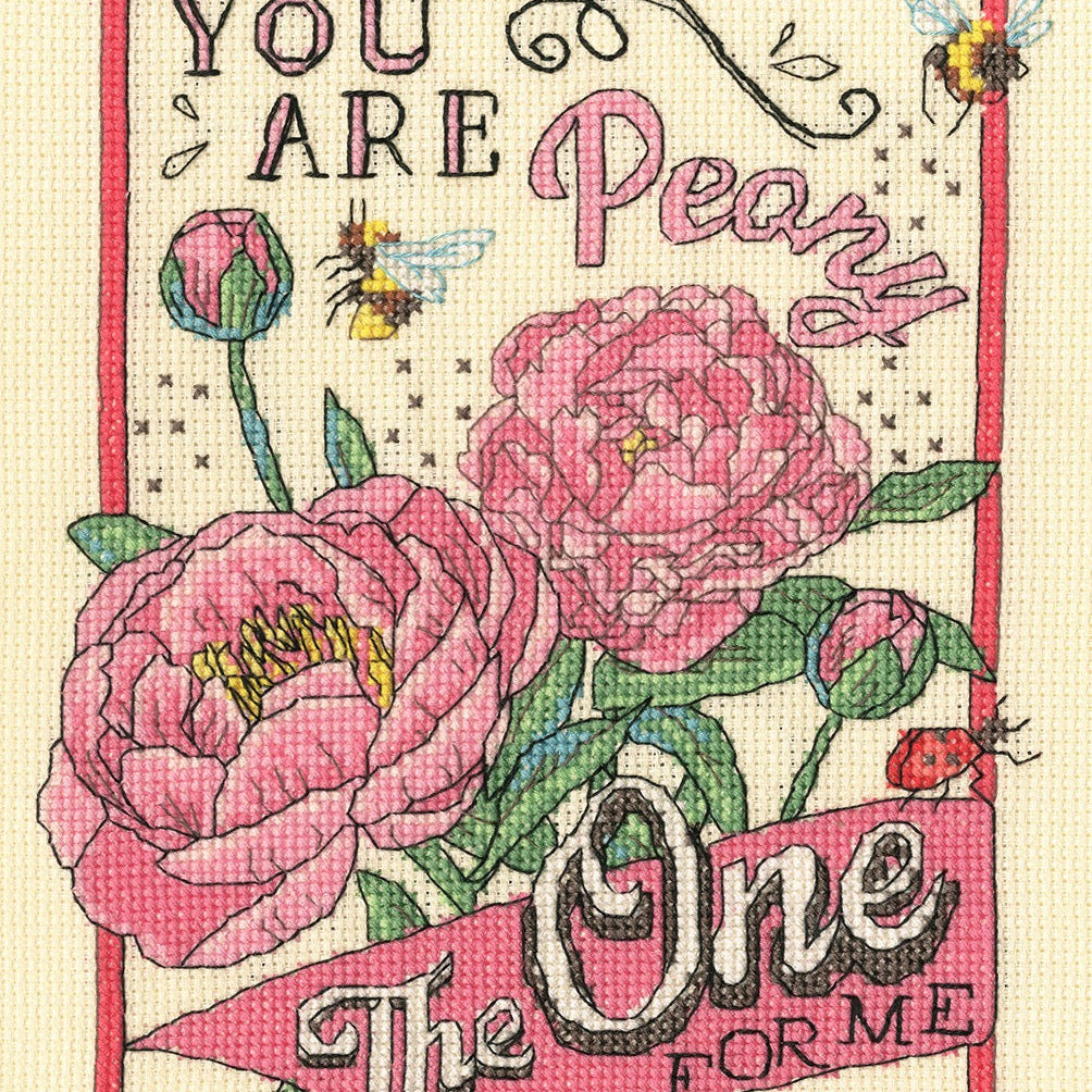 Peony The One Cross Stitch Kit with 14 count cream Aida, cotton threads, needle, and instructions