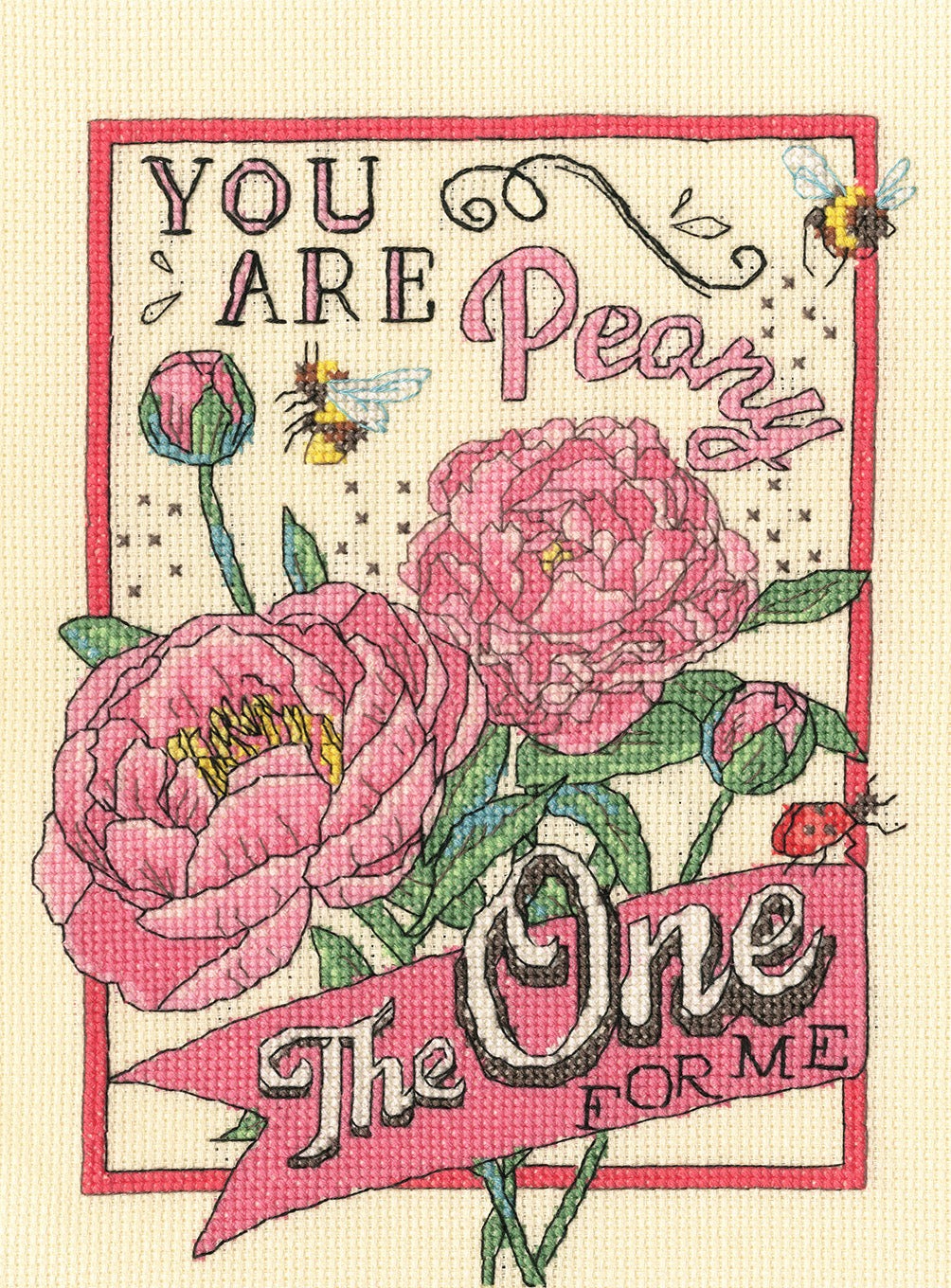 Peony The One Cross Stitch Kit with 14 count cream Aida, cotton threads, needle, and instructions
