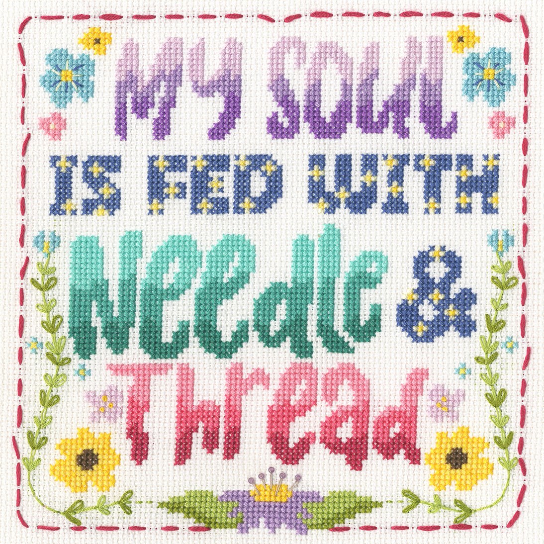 Needle and thread cross stitch kit with 14 count white Aida fabric, pre-sorted cottons, beads, needle, and instructions