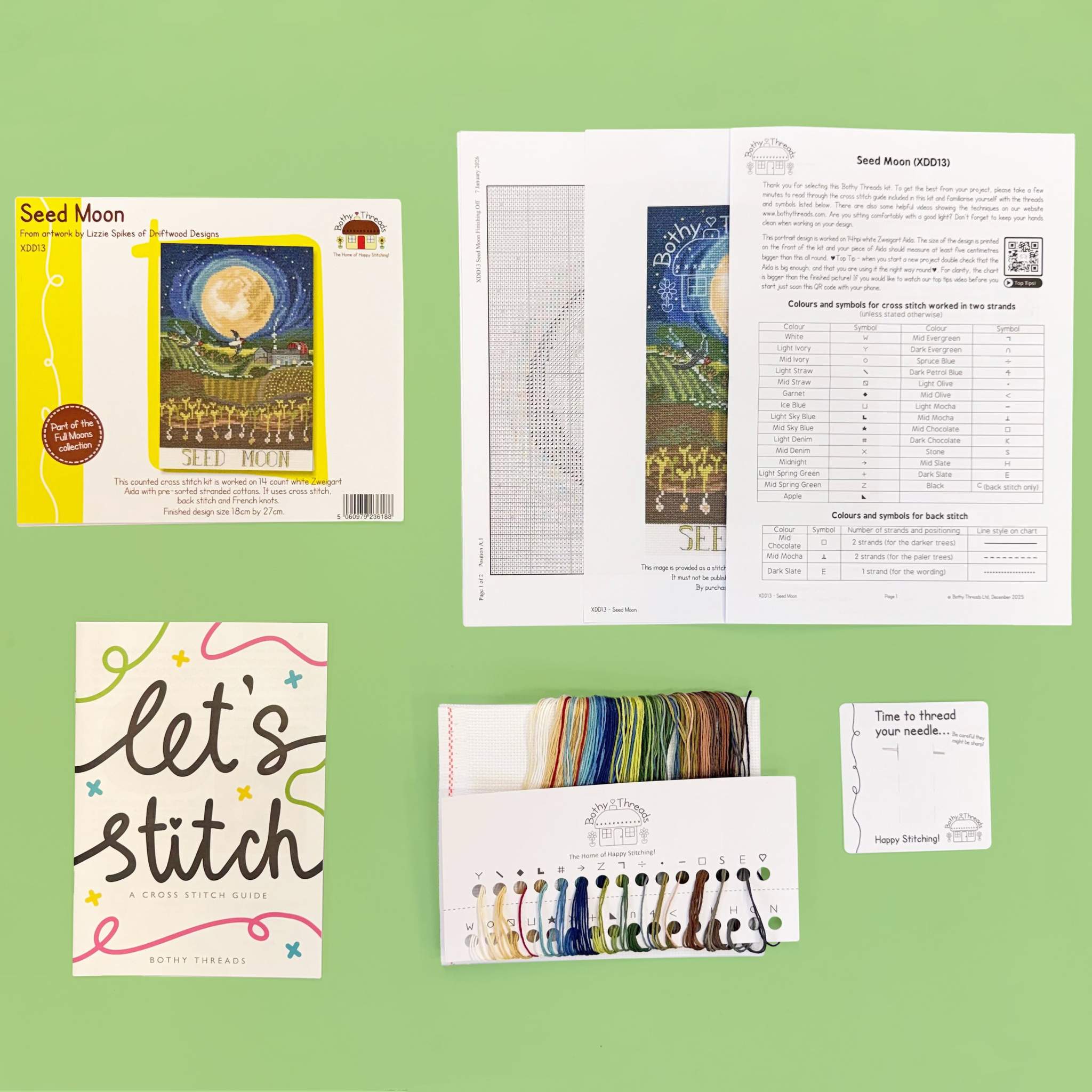 Seed Moon Cross Stitch Kit with 14 count white Aida fabric and pre-sorted cotton threads