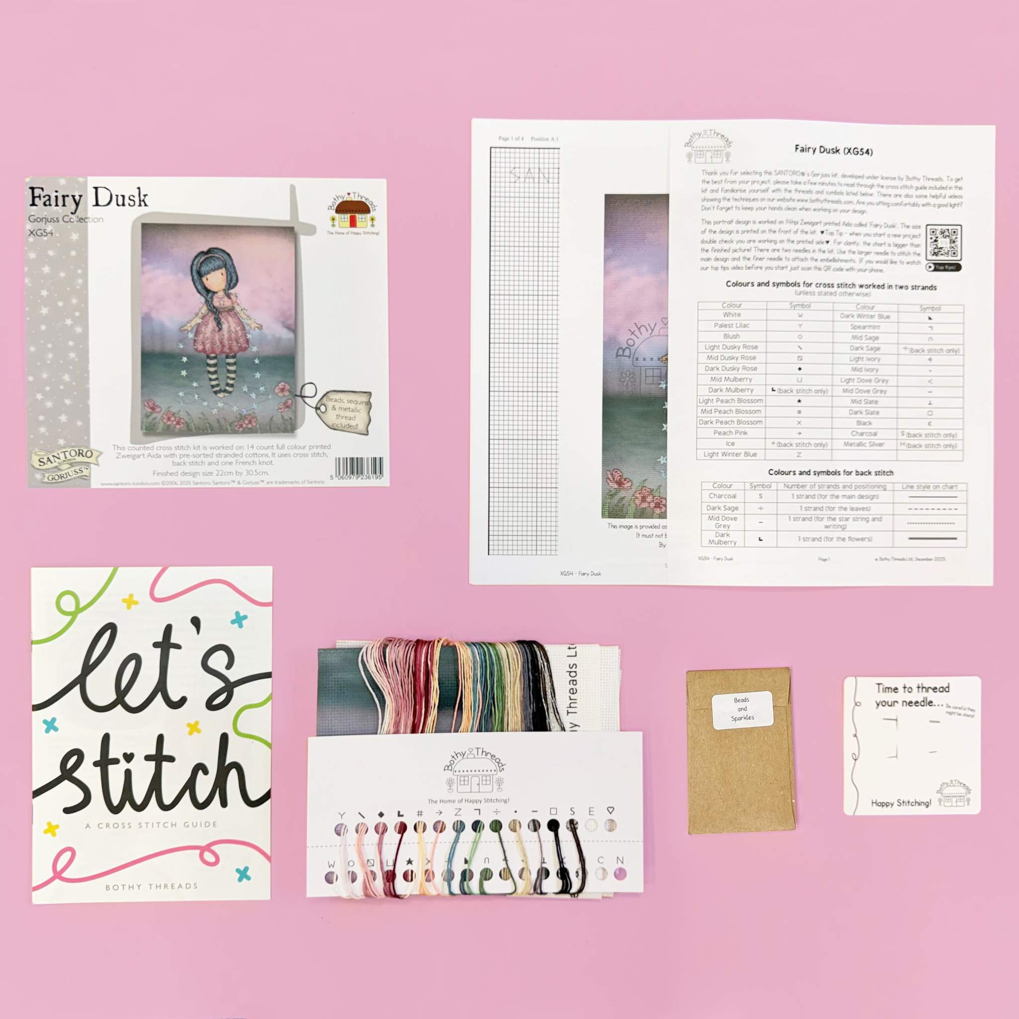 Fairy Dusk Gorjuss cross stitch kit with beads, sequins, and metallic thread on 14 count Aida fabric
