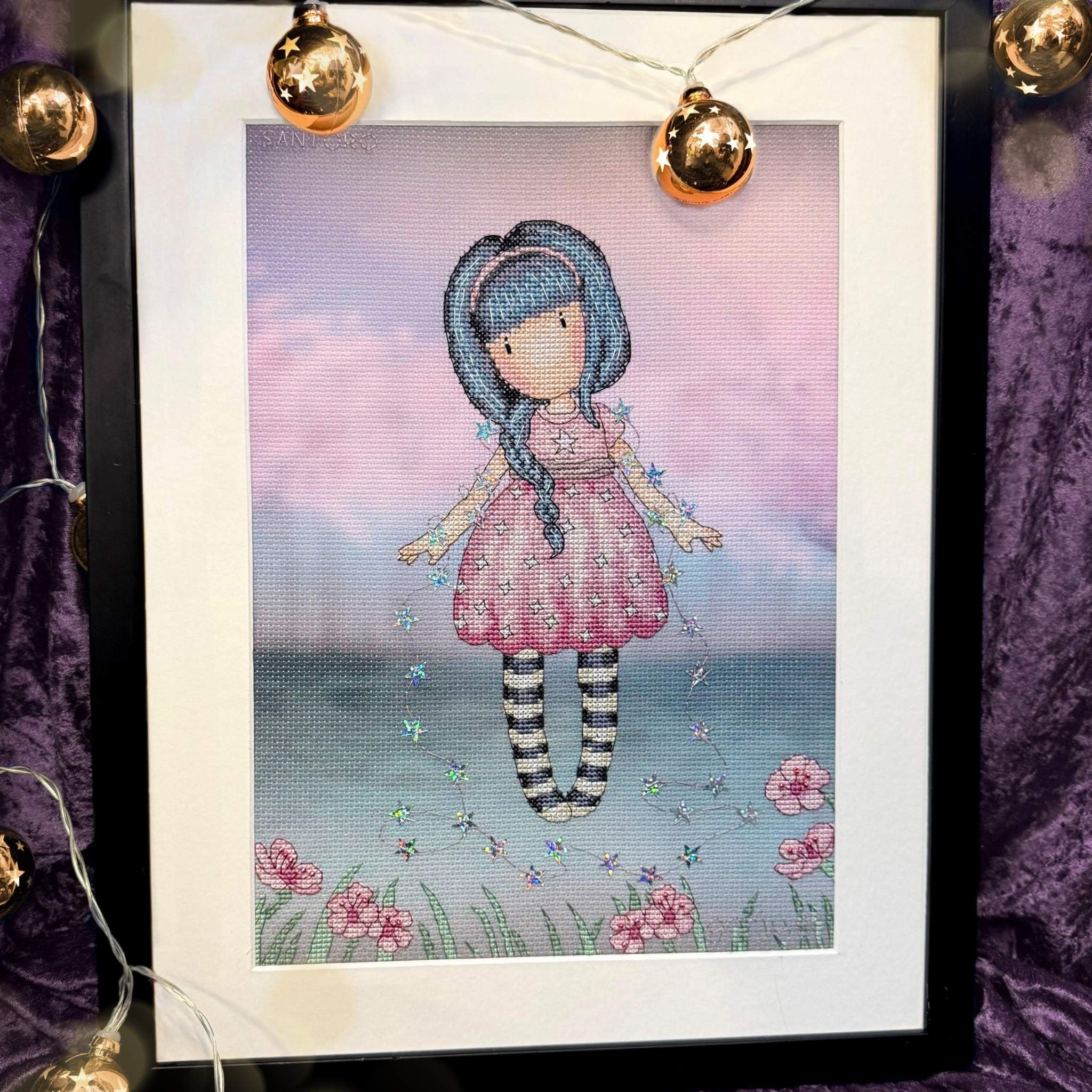 Fairy Dusk Gorjuss cross stitch kit with 14 count Aida, metallic thread, beads, and sequins