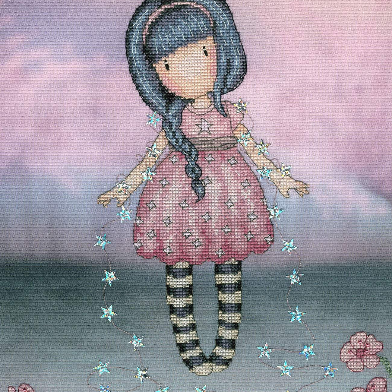 Fairy Dusk Gorjuss cross stitch kit with 14 count Aida, silver thread, beads, sequins, and needle showing fairy design
