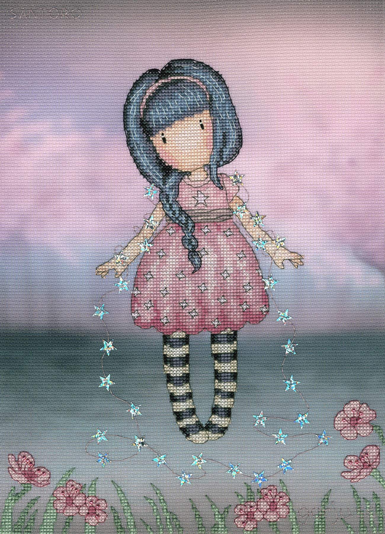 Fairy Dusk Gorjuss cross stitch kit with 14 count Aida, silver thread, beads, sequins, and needle showing fairy design