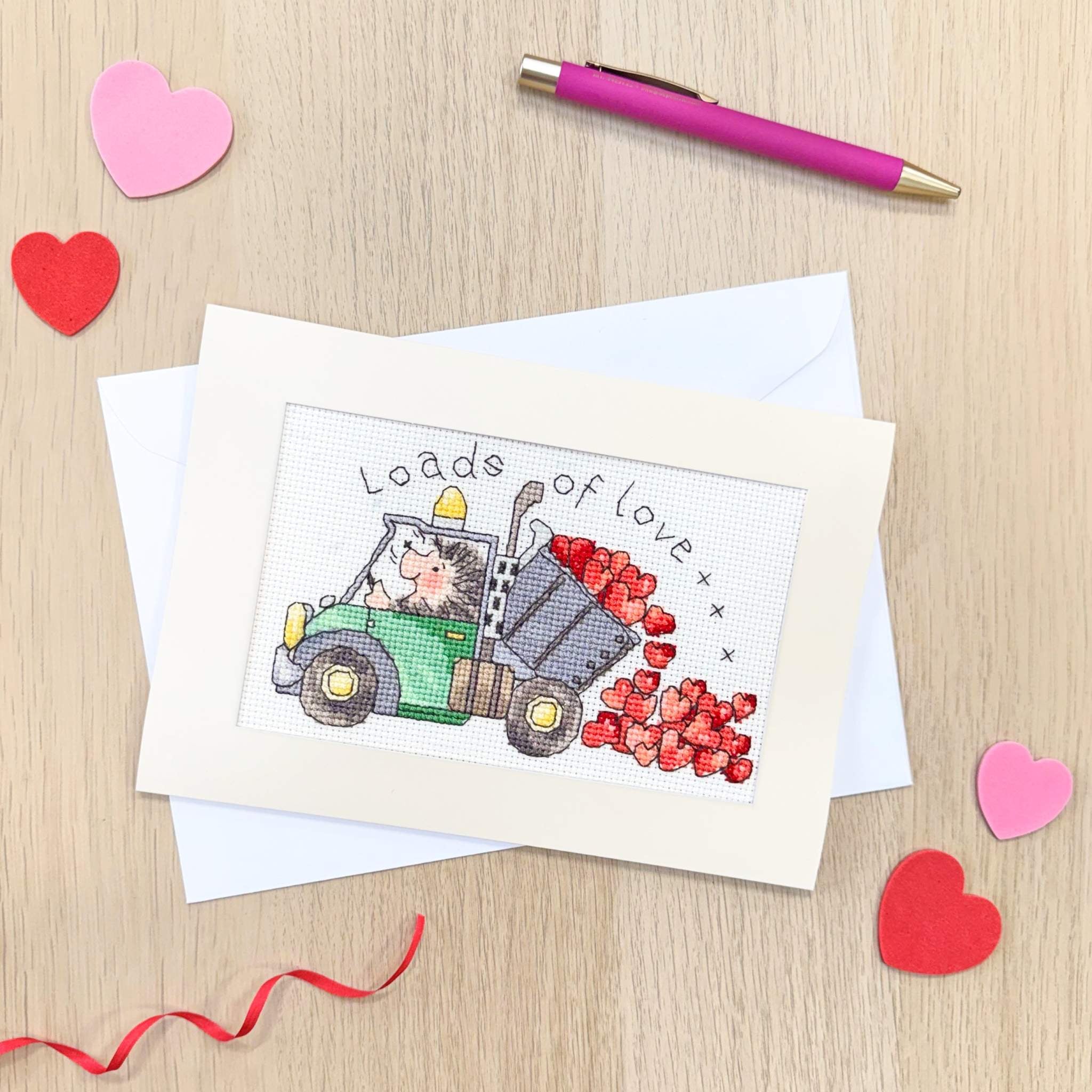 Loads Of Love greeting card cross stitch kit with antique white Aida, cottons, needle, instructions, and personalization options
