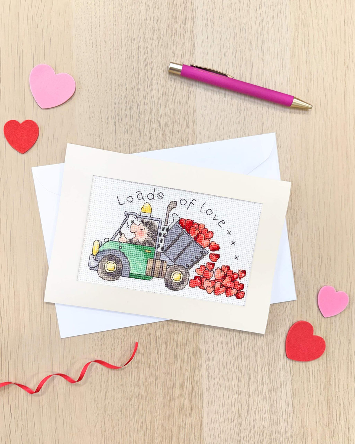 Loads Of Love greeting card cross stitch kit with antique white Aida, cottons, needle, instructions, and personalization options