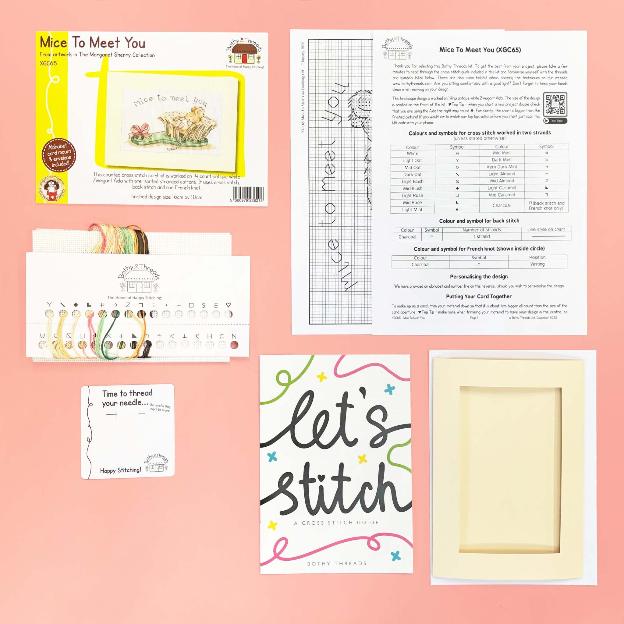 Mice To Meet You greeting card cross stitch kit with 14 count Aida, cotton threads, needle, and instructions