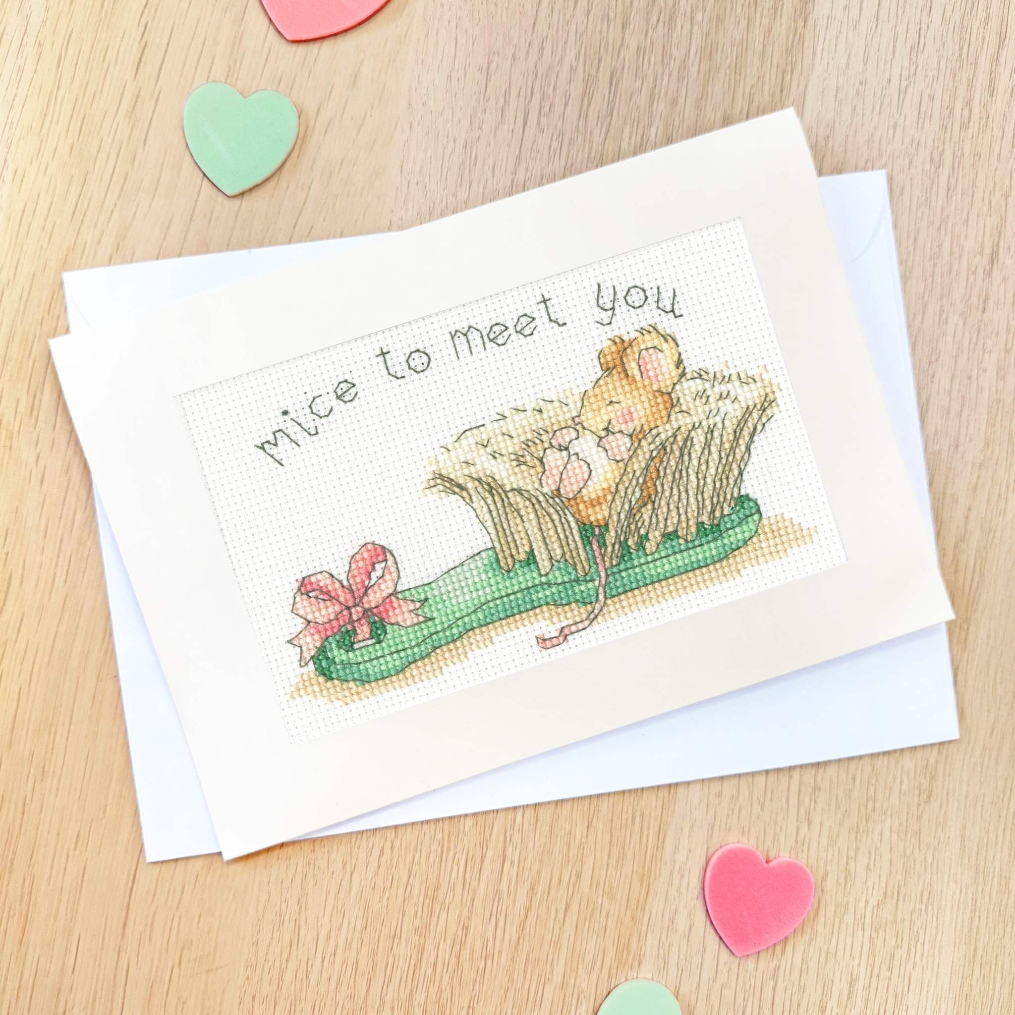 Mice To Meet You greeting card cross stitch kit with mice design on 14 count antique white Aida fabric