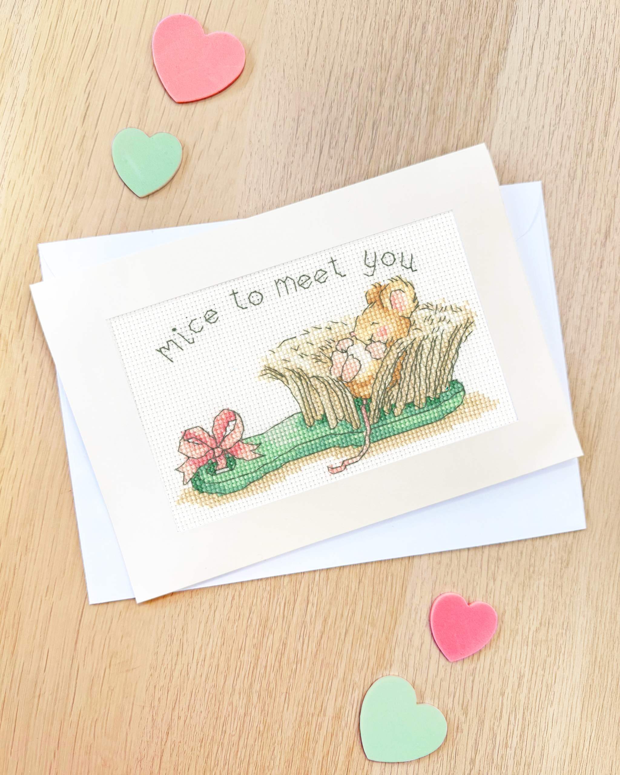 Mice To Meet You greeting card cross stitch kit with mice design on 14 count antique white Aida fabric