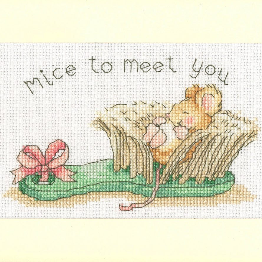 Mice To Meet You greeting card cross stitch kit with mice design on 14 count antique white Aida cloth