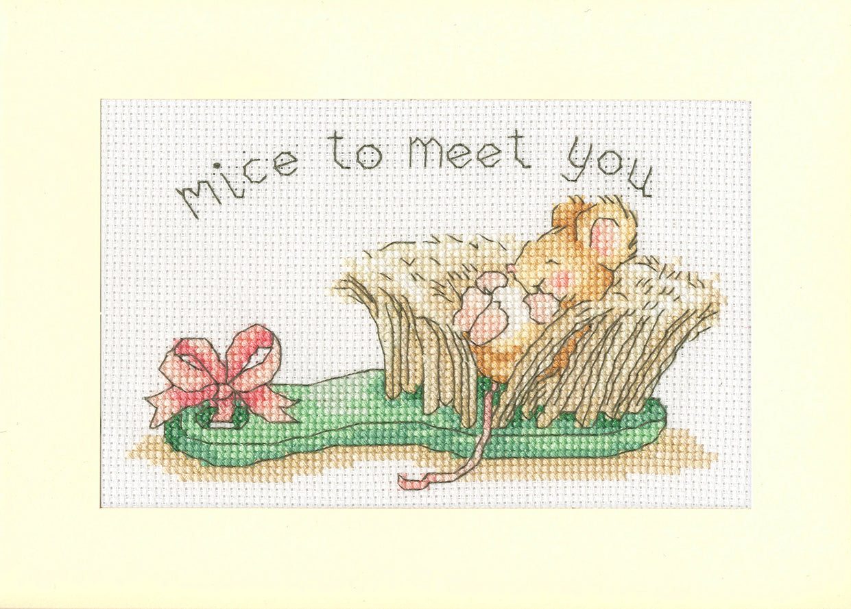Mice To Meet You greeting card cross stitch kit with mice design on 14 count antique white Aida cloth