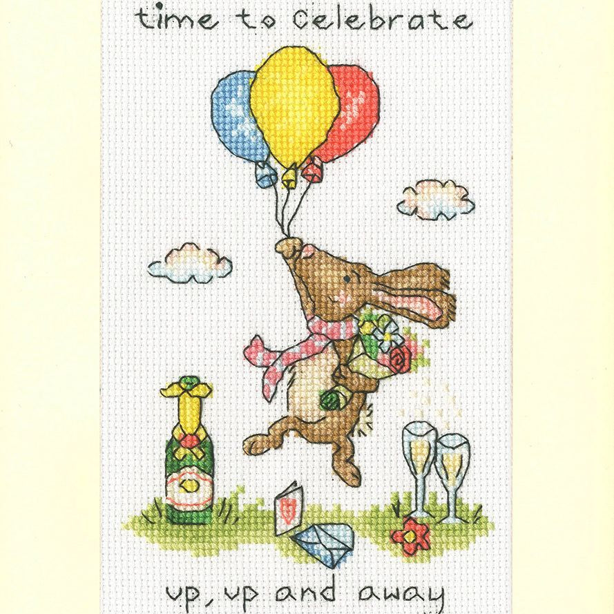 Up, Up And Away greeting card cross stitch kit with balloon design on 16 count antique white Aida fabric