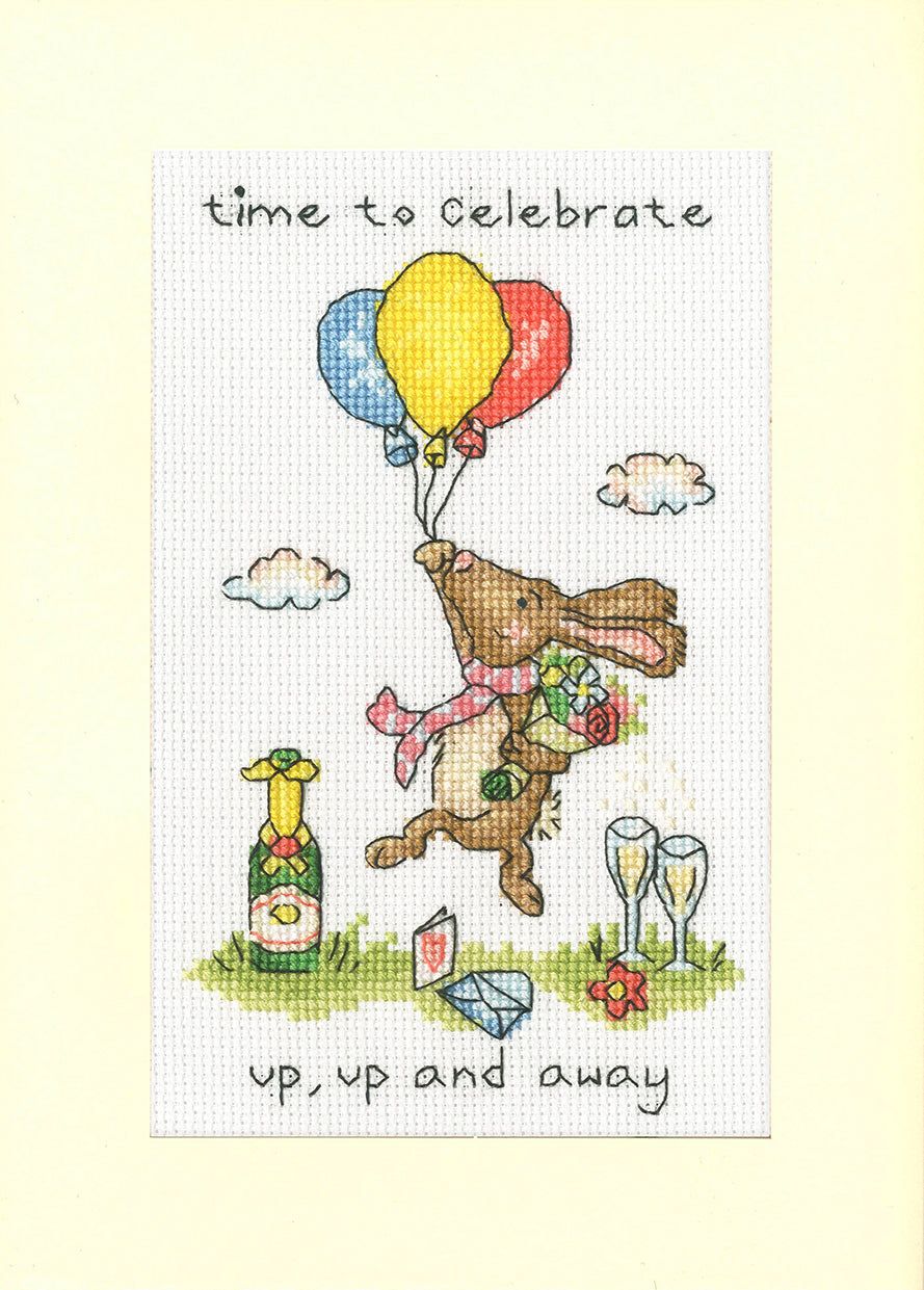 Up, Up And Away greeting card cross stitch kit with balloon design on 16 count antique white Aida fabric