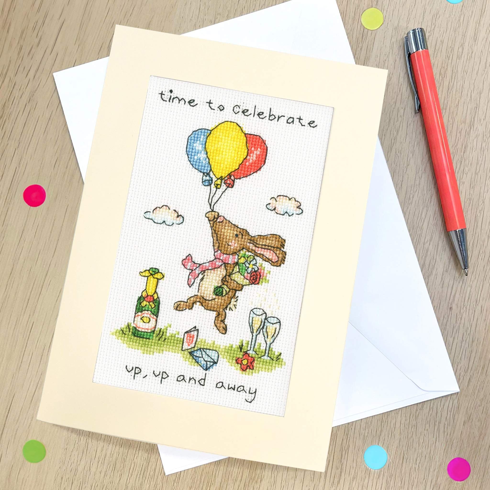 Up, Up And Away greeting card cross stitch kit with 16 count Aida, cotton threads, needle, and instructions