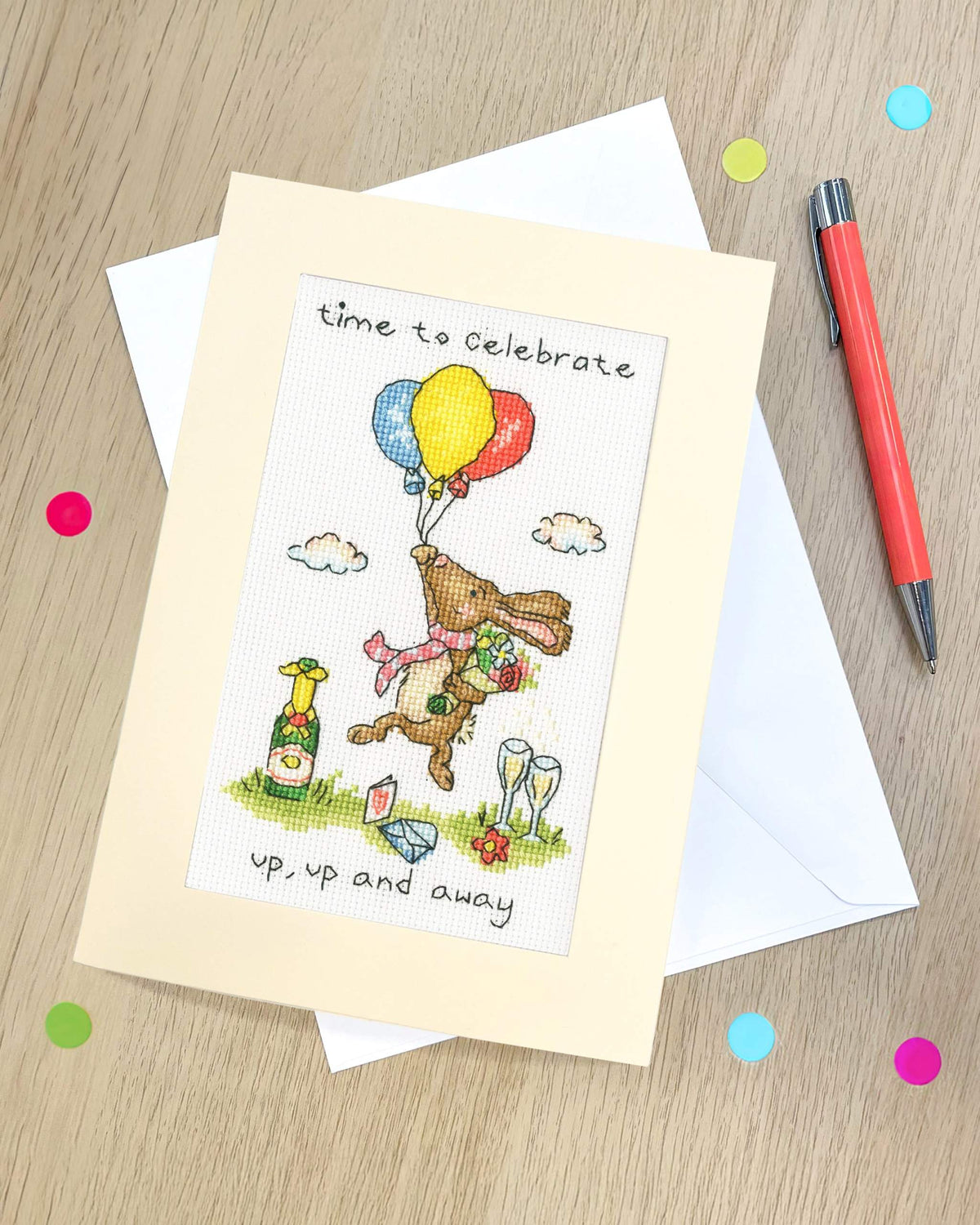 Up, Up And Away greeting card cross stitch kit with 16 count Aida, cotton threads, needle, and instructions