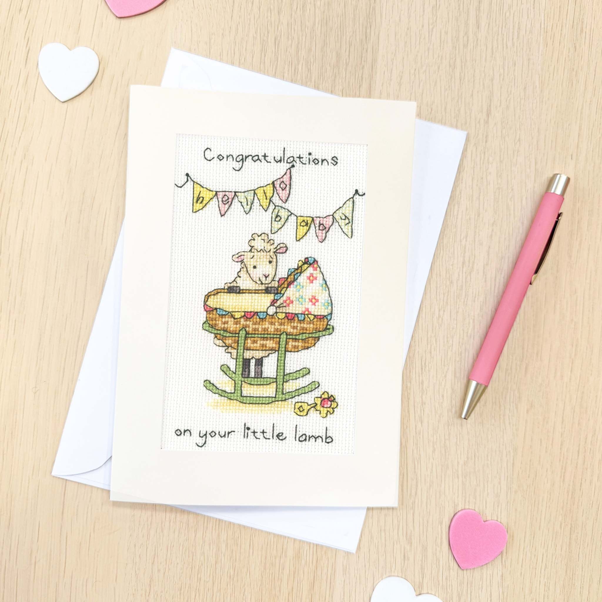 Little lamb greeting card cross stitch kit with 16 count Aida fabric and personalized alphabet options