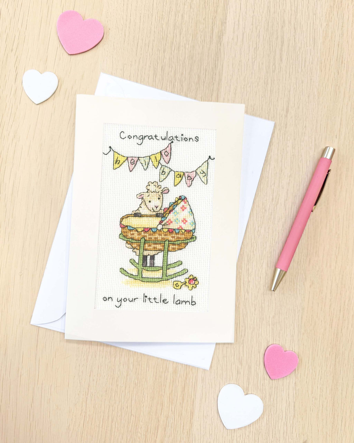 Little lamb greeting card cross stitch kit with 16 count Aida fabric and personalized alphabet options