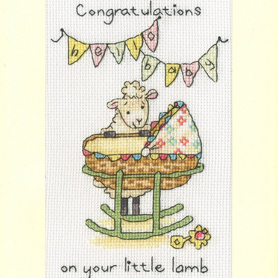 Little Lamb greeting card cross stitch kit with 16 count Aida, stranded cottons, needle, instructions, and envelope