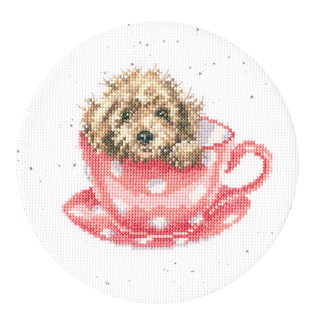 Teacup Pup Cross Stitch Kit by Bothy Threads on speckled fabric with cotton threads and needle