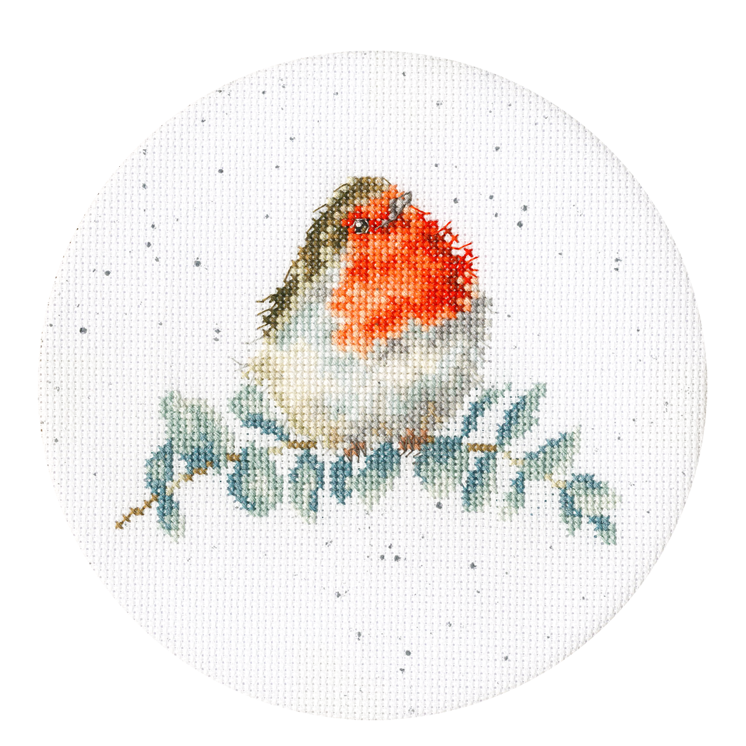 Eucalyptus Cross Stitch Kit by Bothy Threads with fabric, cottons, needle, and instructions for 15cm round design