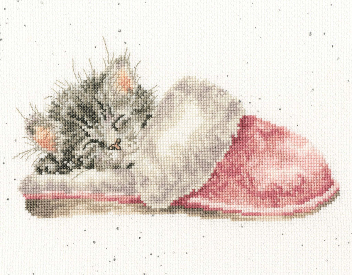 The Snuggle is Real Bothy Threads cross stitch kit with Wrendale Designs speckle Aida and cotton threads