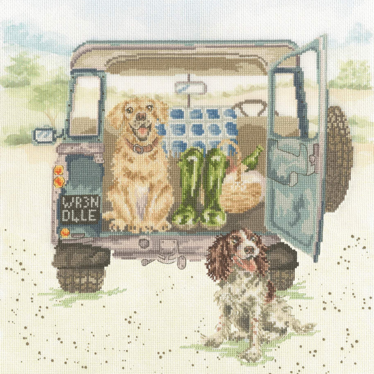 Paws For A Picnic cross stitch kit by Bothy Threads with colorful fabric, cotton threads, needle, and instructions