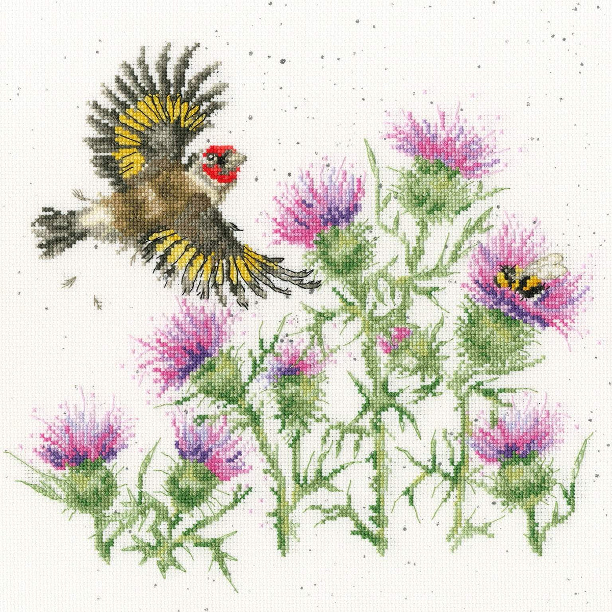 Feathers and Thistles counted cross stitch kit by Bothy Threads with brown speckled Aida fabric and floral design