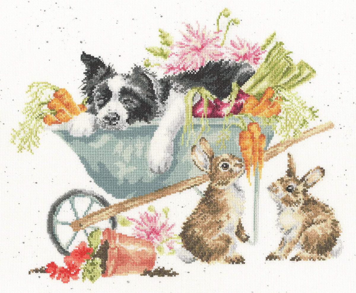 Bothy Threads Sleeping on the Job counted cross stitch kit with brown speckled Aida fabric and design by Hannah Dale