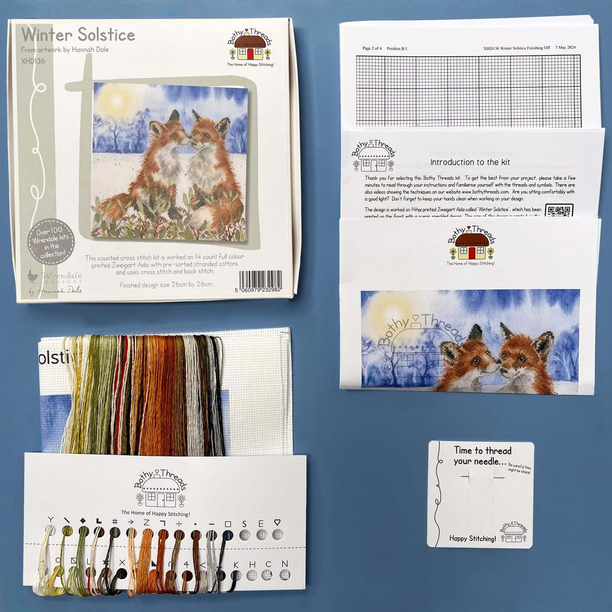 Winter Solstice Cross Stitch Kit by Bothy Threads with watercolor Aida fabric and cotton threads