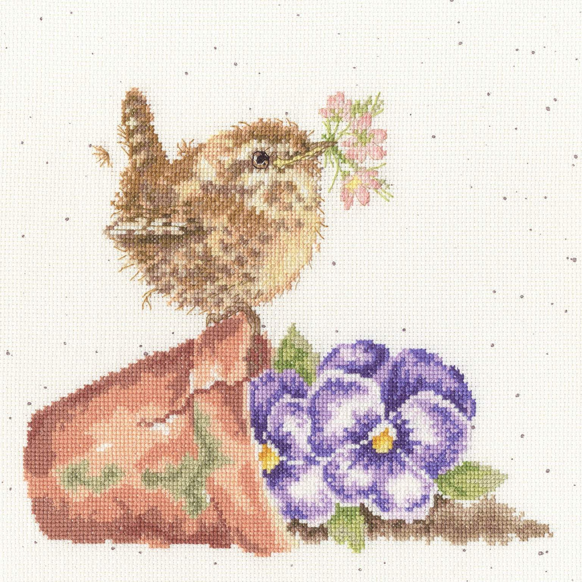 Bothy Threads Pottering About Cross Stitch Kit designed by Hannah Dale with 14 count Zweigart Aida and Wrendale Designs speckle