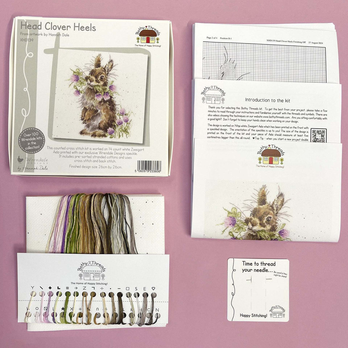 Head Clover Heels Cross Stitch Kit with fabric, cottons, needle, and instructions for 26cm square design