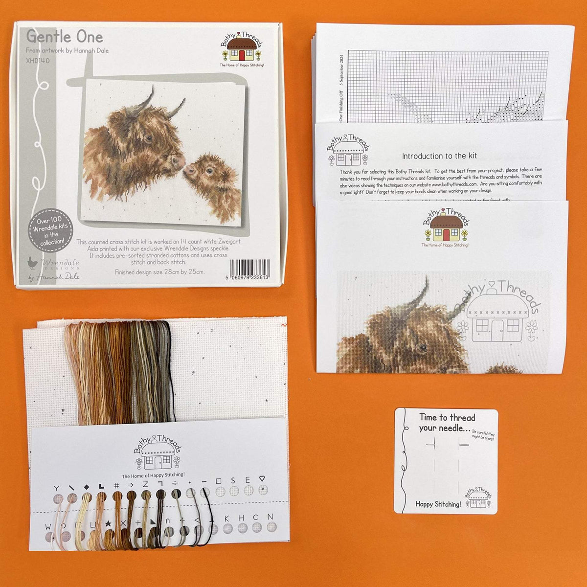 Bothy Threads Gentle One cross stitch kit featuring 14 count Zweigart Aida fabric with Wrendale Designs speckle, pre-sorted cottons, needle, and instructions