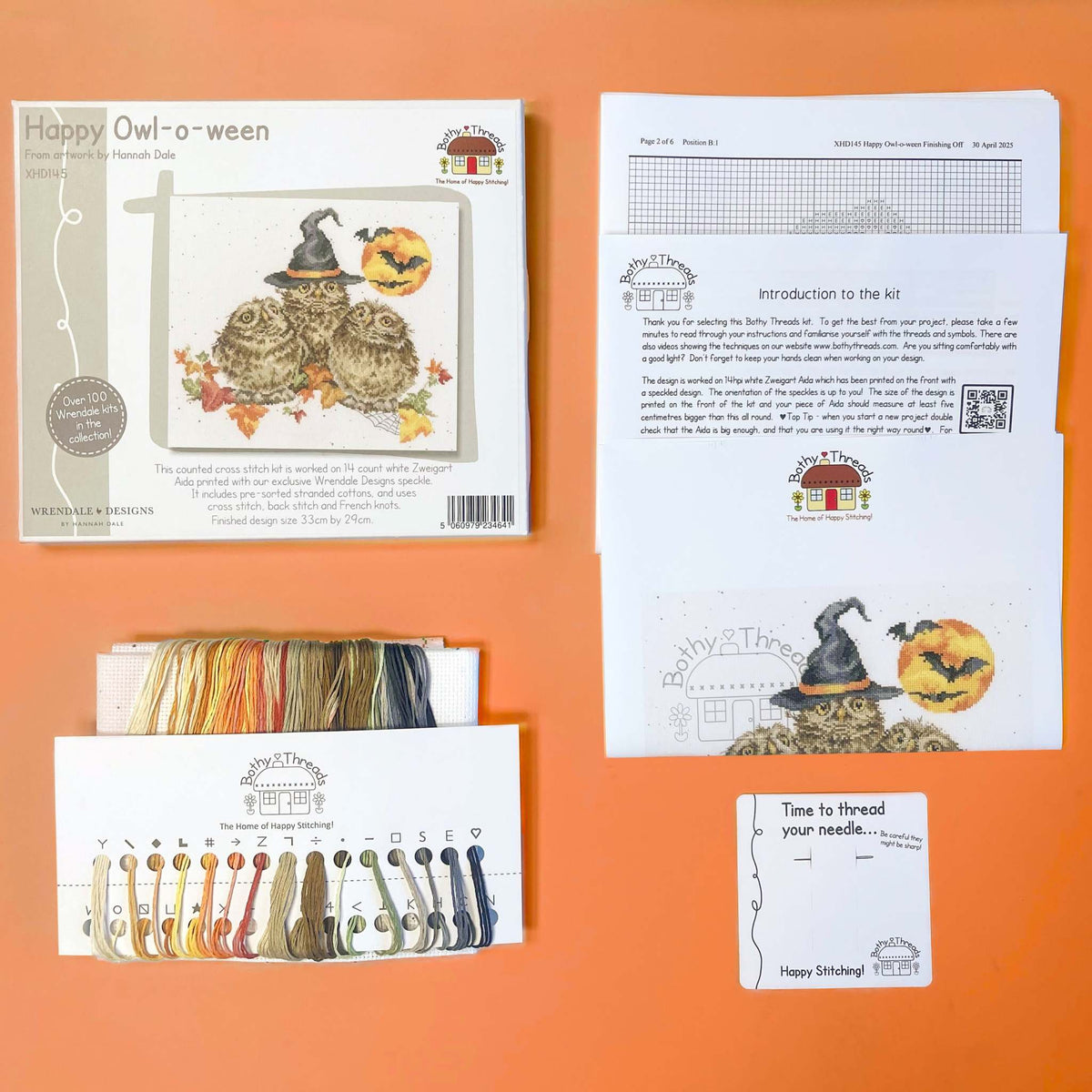 Happy Owl-o-ween Cross Stitch Kit featuring Wrendale Designs fabric and embroidery supplies