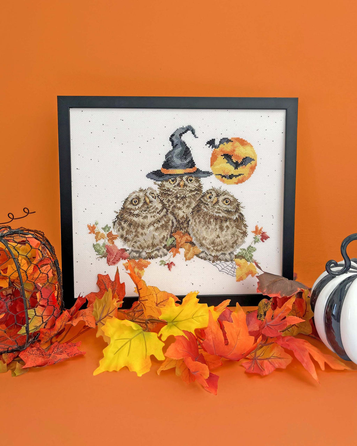 Happy Owl-o-ween Cross Stitch Kit with Zweigart fabric, cotton threads, needle, and instructions for a 33x29cm finished design