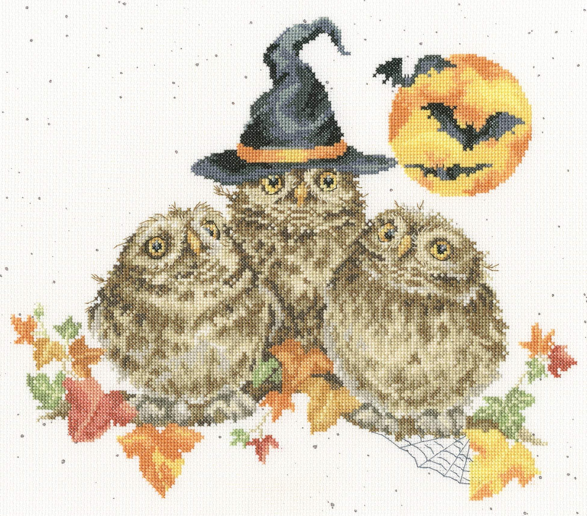 Happy Owl-o-ween cross stitch kit with Zweigart fabric, stranded cottons, needle, and instructions for 33x29cm design