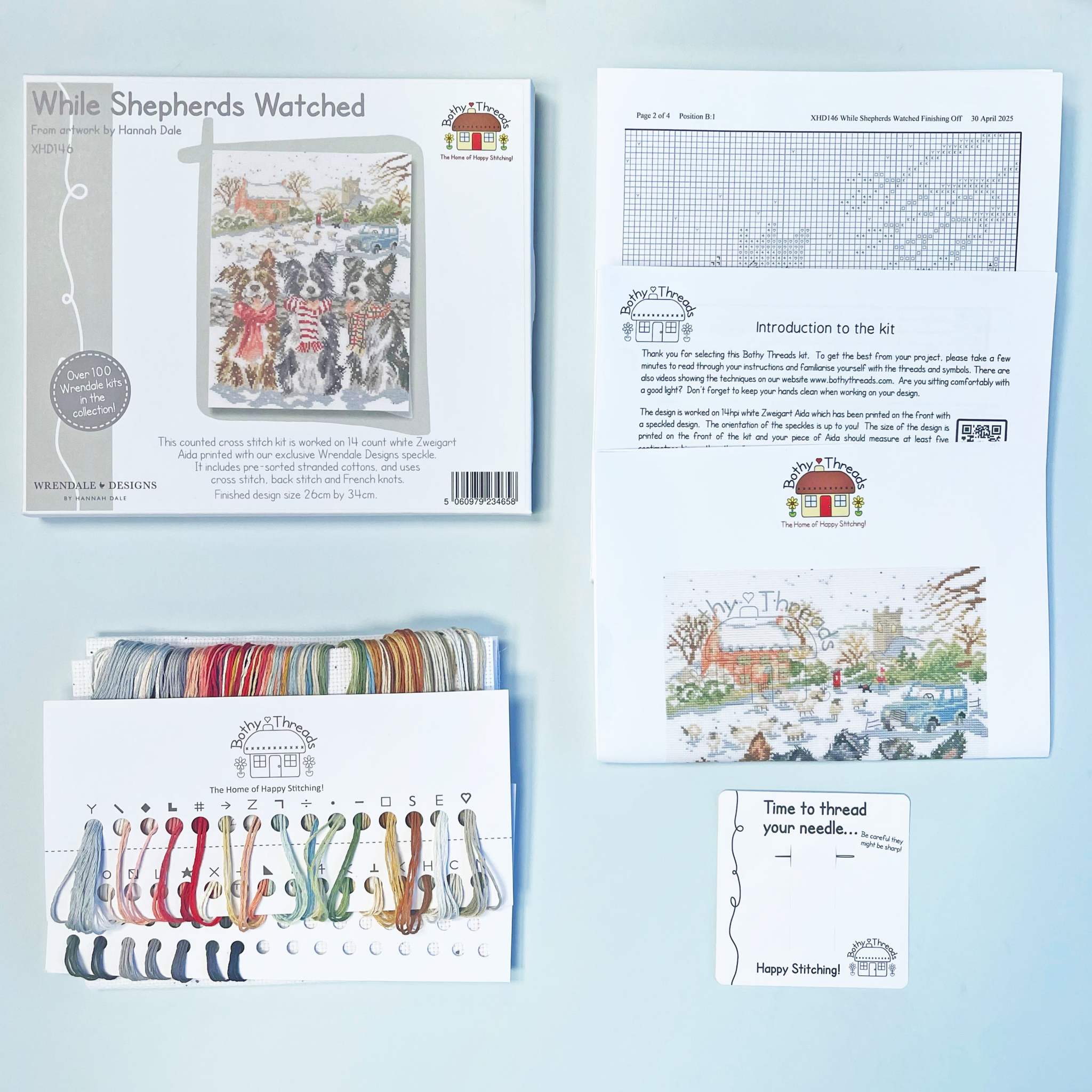 While Shepherds Watched cross stitch kit with Zweigart fabric and Wrendale Designs speckle, includes cotton threads, needle, and instructions