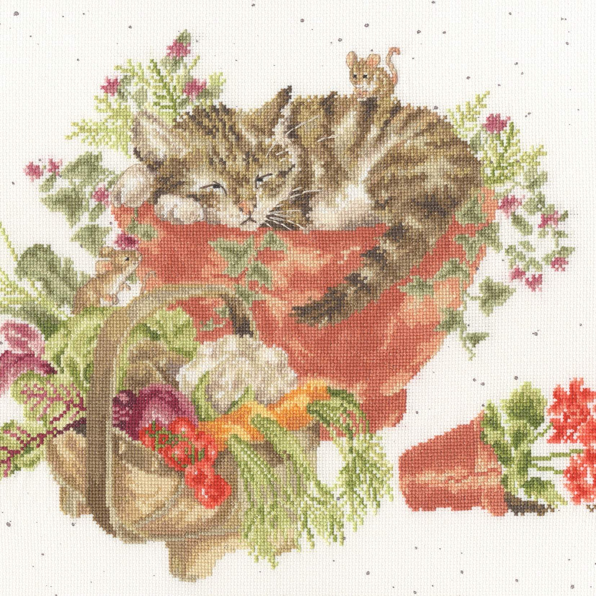 Purrrfect Spot Cross Stitch Kit with Wrendale Designs on 16 count white Aida fabric and cotton threads