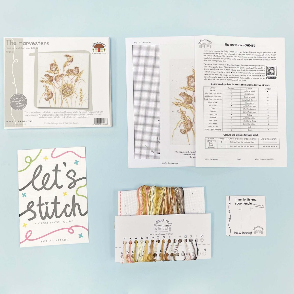 The Harvesters Cross Stitch Kit with 16 count white Zweigart Aida and Wrendale Designs speckle