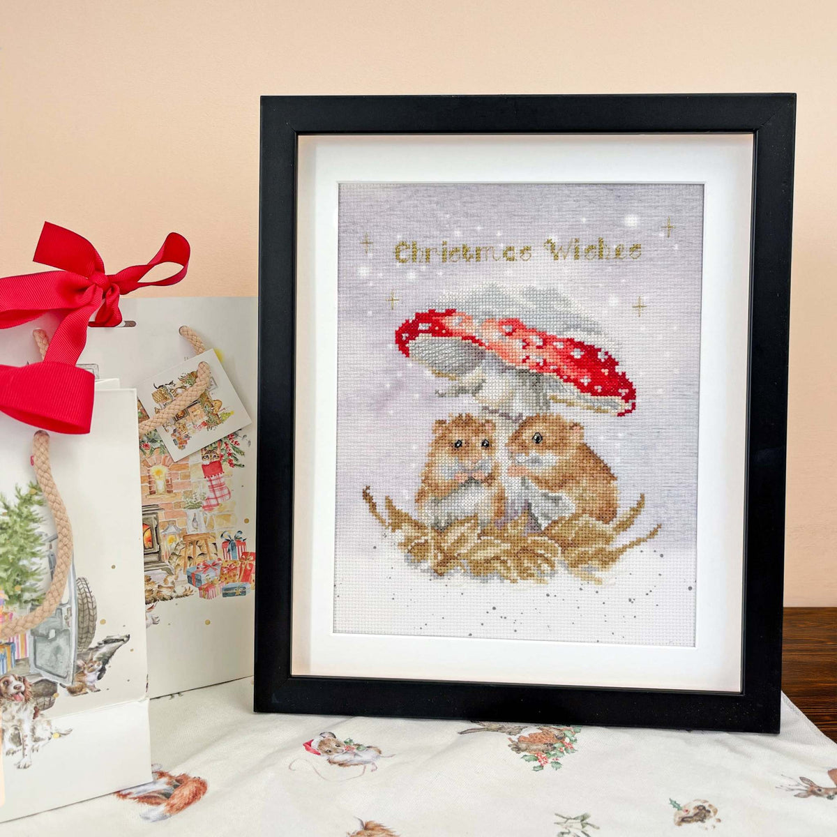 Mushroom At The Inn cross stitch kit with 14 count Aida fabric and Wrendale artwork