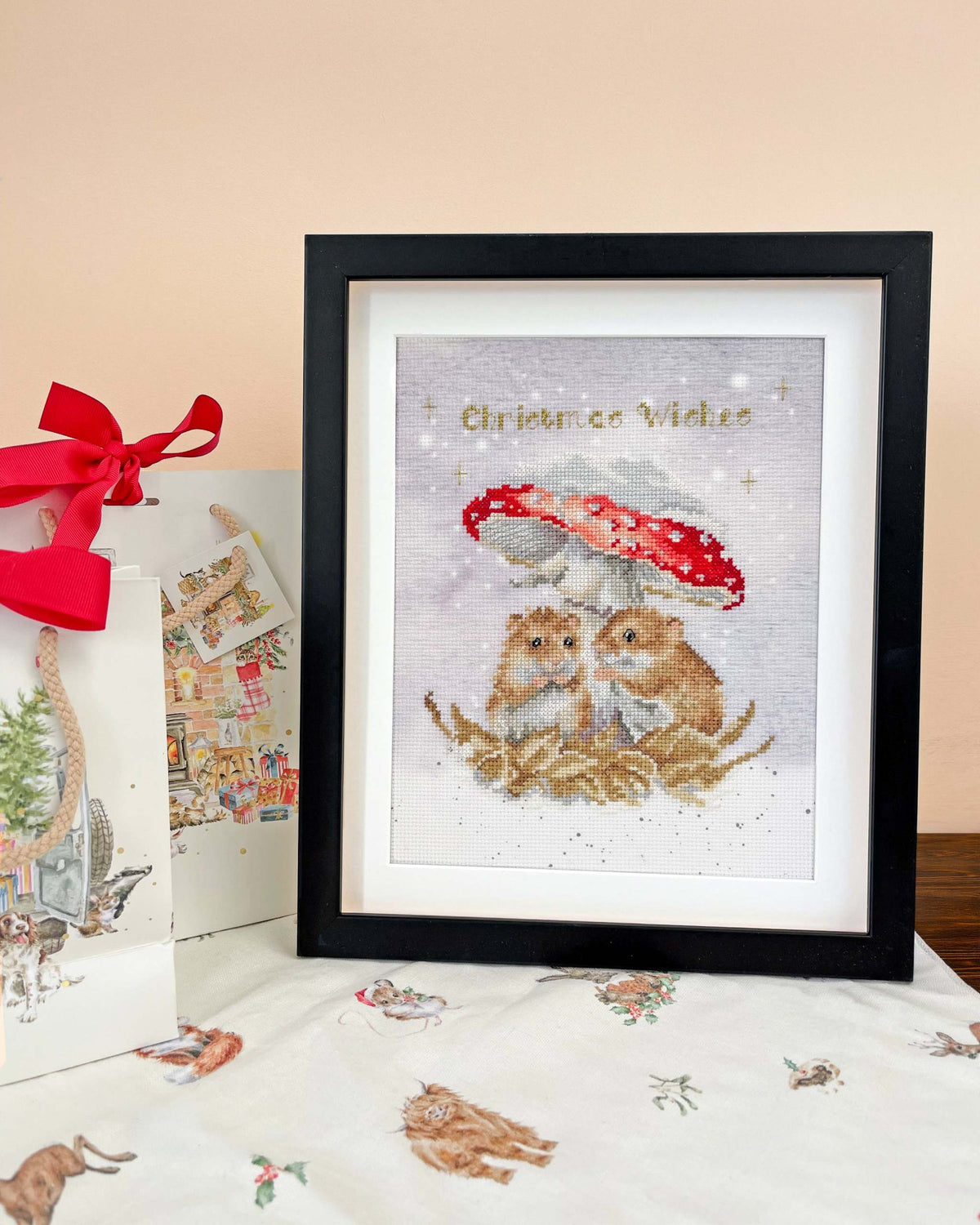 Mushroom At The Inn cross stitch kit with 14 count Aida fabric and Wrendale artwork