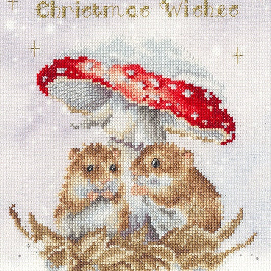 Mushroom At The Inn cross stitch kit with 14 count Aida, colored threads, needle, and instructions