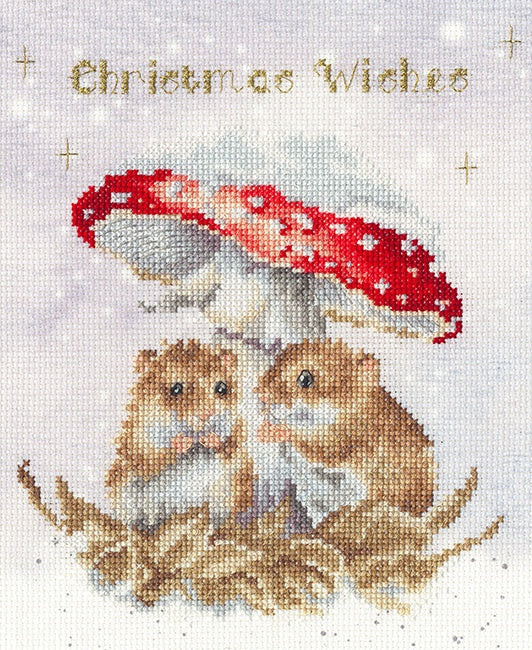 Mushroom At The Inn cross stitch kit with 14 count Aida, colored threads, needle, and instructions