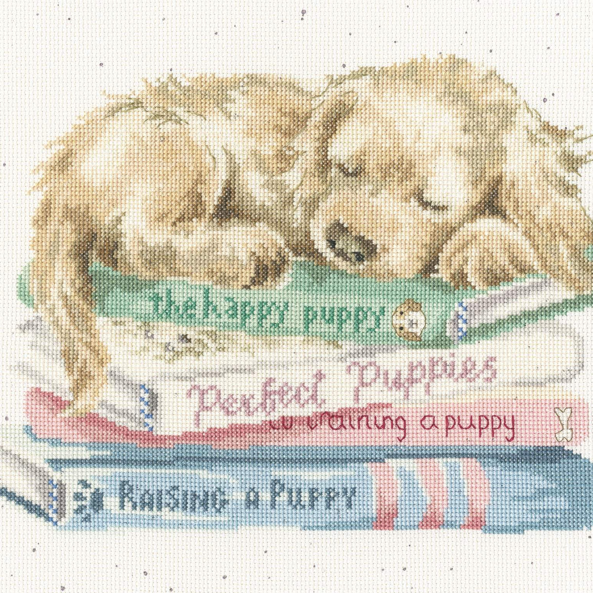 A Pup's Life Cross Stitch Kit with Zweigart fabric, stranded cottons, needle, and instructions for 14 or 28 count stitching