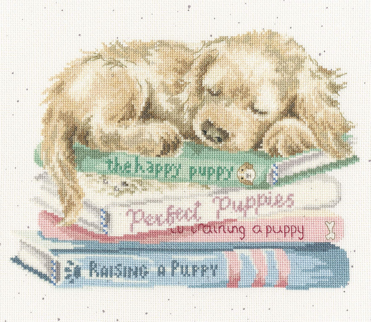 A Pup's Life Cross Stitch Kit with Zweigart fabric, stranded cottons, needle, and instructions for 14 or 28 count stitching