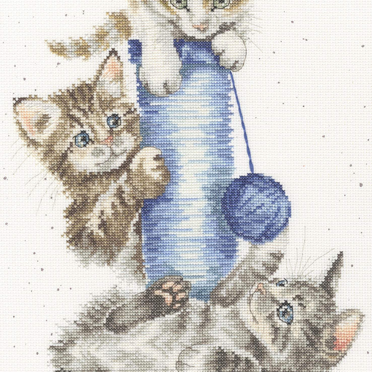 Three's A Crowd Cross Stitch Kit with Zweigart fabric, stranded cottons, needle, and instructions, featuring cross stitch, back stitch, and French knots.
