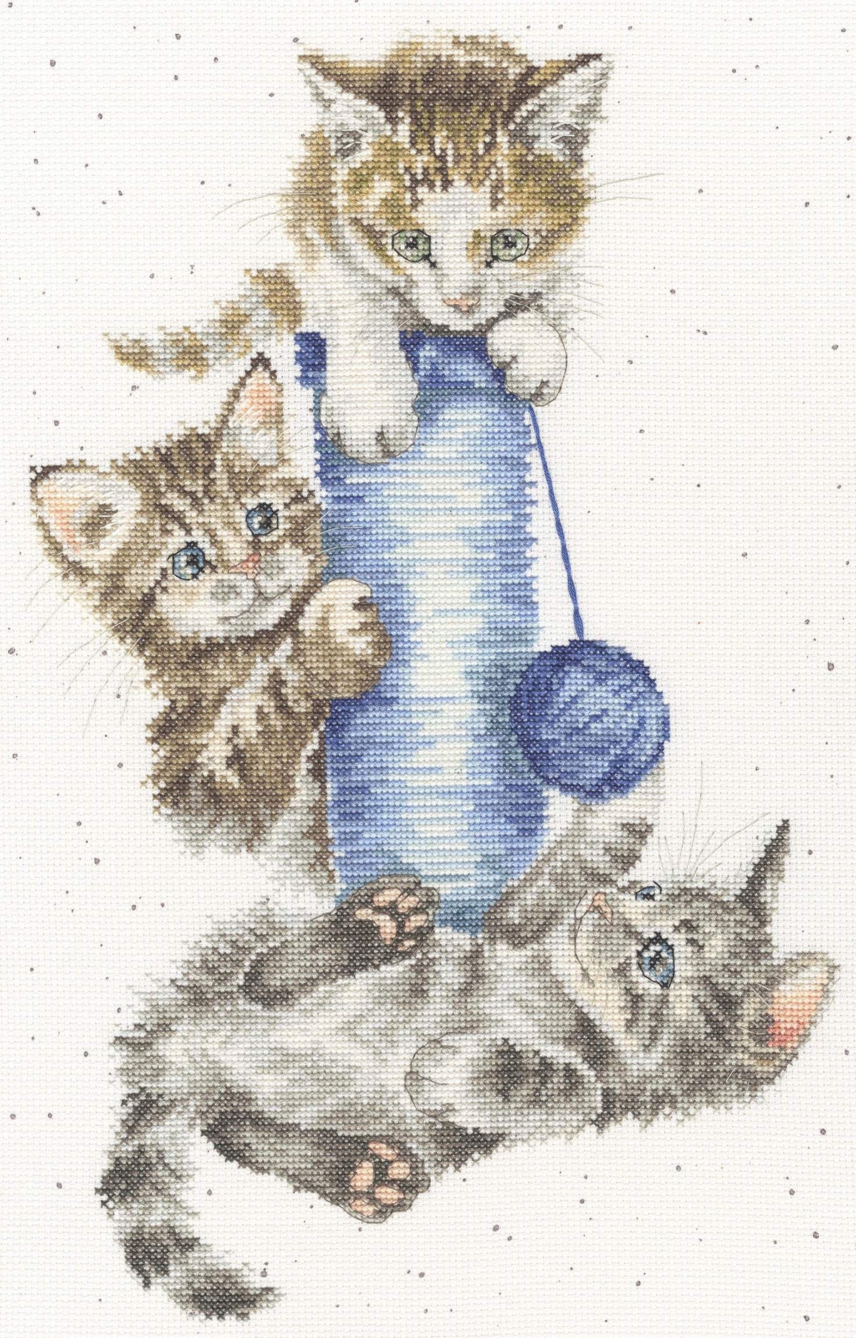 Three's A Crowd Cross Stitch Kit with Zweigart fabric, stranded cottons, needle, and instructions, featuring cross stitch, back stitch, and French knots.