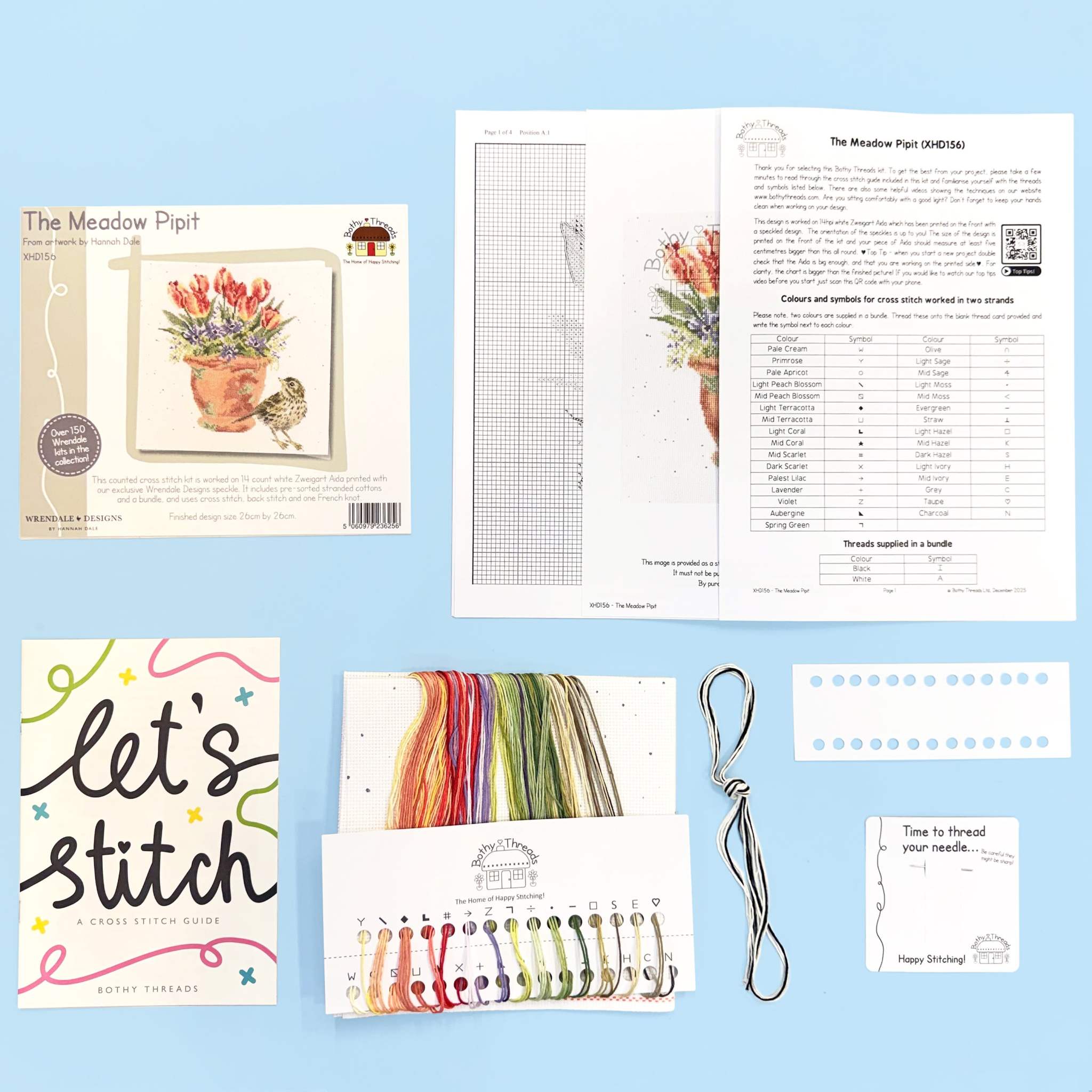 The Meadow Pipit cross stitch kit with Zweigart fabric, stranded cottons, needle, and instructions